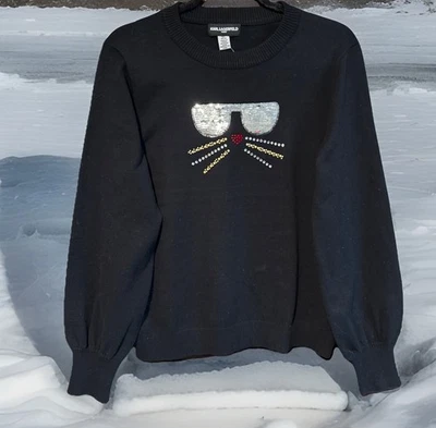 Nuevo con etiquetas Mujeres Karl Lagerfeld Negro Tejido Gato Gafas Suéter, Talla M, Ret. $99.00 Foto 1 de 4