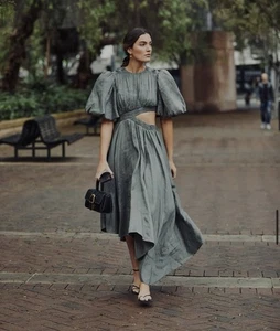AJE Dress Size AU 14 /US 10 Tidal Tucked Midi Asym Oak Moss Cut Out Puff Sleeve - Foto 1 di 17