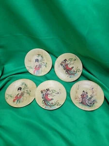 5 Bamboo Chinese Plates 4” Diameter Vintage Taiwan Women In Traditional Costume - Picture 1 of 8