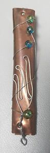 GREAT SIGNED ARTS CRAFTS HAND MADE COPPER BEADS WIRE JEWISH MEZUZAH WITH SCROLL 