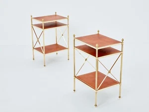 Maison Jansen pair of three-tier side tables brass brown leather 1970s - Picture 1 of 11