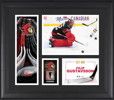 Filip Gustavsson Ottawa Senators FRMD 15" x 17" Collage with a Piece of GU Puck Cover