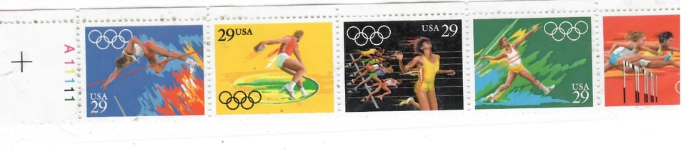 #2553-57 1991  29-cent Summer Olympics se-tenant pane of 5 MNH w/plate# - Image 1 of 1