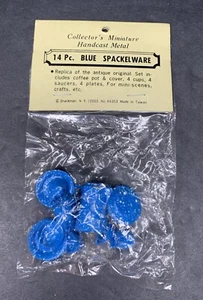 Vintage Dollhouse Miniature 14 Piece Enamelware Tea Set Blue Spackel Ware Metal - Picture 1 of 9