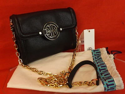 NWT TORY BURCH AMANDA BLACK LEATHER REVA CHAIN WALLET CROSSBODY CLUTCH BAG    - Image 1 of 4