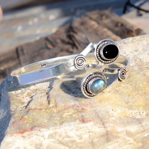 VALENTINO Bracciale ovale onice nero e pietra preziosa labradorite argento sterling 925 fatto a mano