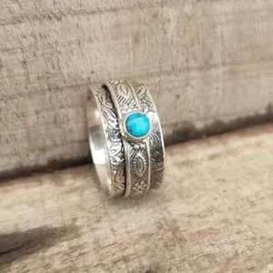 Silver Band Turquoise Ring-Engraved Silver Turquoise Ring-Size 9 - Picture 1 of 8