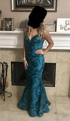 Jovani Size 4 Teal Sequin Prom Dress Spaghetti Straps Padded Gorgeous - Image 1 of 4