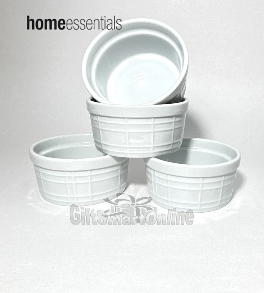 Home Essentials Set of 4 Cross Lines White Round Ramekins 4oz Porcelain NEW GB - Image 1 of 4