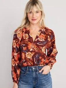 NWT Old Navy Long-Sleeve Split-Neck Top Womens S Red Boho Peasant Floral - Picture 1 of 8