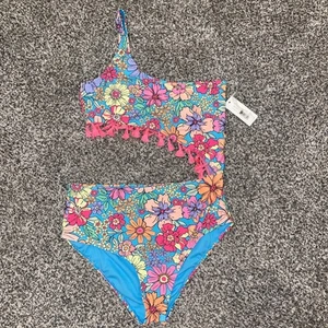Beach Lingo Girls Youth Size 16 One Shoulder Swimsuit Fringe Floral Aqua Pink - Picture 1 of 9