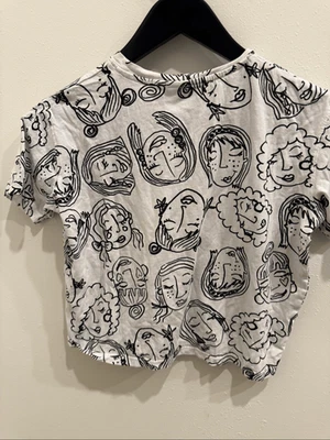Zara Girls Face Printed Crew Neck Boxy Cropped Top T-shirt White Black Size 9-10 - Image 1 of 4