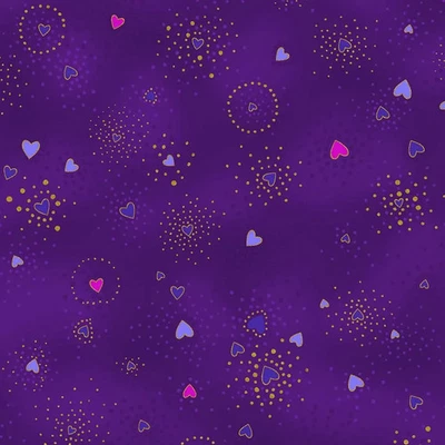 Laurel Burch Basic Corazón Rosa Lavanda y Azul sobre Púrpura con Tela Dorada FQ 1/4 YD Foto 1 de 4