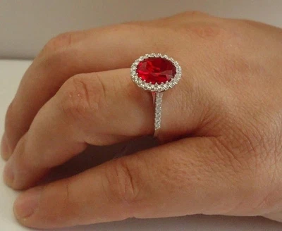 14K White Gold Plated 4Ct Oval Cut Lab Created Red Ruby Women's Engagement Ring - Image 1 of 4