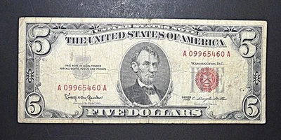 1963 $5 Federal Reserve Note Red Seal Boston - Image 1 of 2