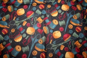 COUNTY FAIR SEWING SUPPLIES ON BLACK FROM HOFFMAN - 100% COTTON FABRIC - Picture 1 of 4