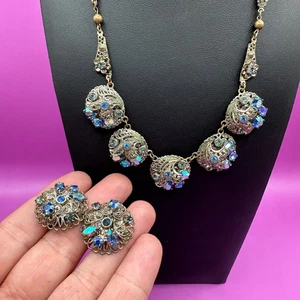 West Germany Vintage AB Blue Rhinestone Filigree Necklace Clip On Earrings SET - Picture 1 of 15