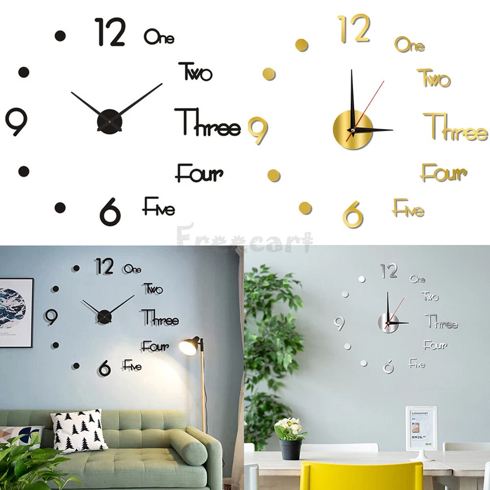 3D Wall Clock Mirror Surface Large Modern DIY Sticker Office Home Shop Art Decor - Image 1 of 4