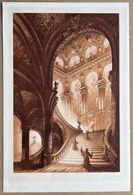 Gravure Originale Pierre Clayette Opéra de Paris Architecture Escalier Signée - Photo 1/4