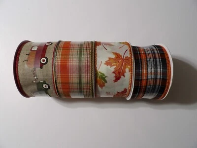 Lot of 4 Harvest Ribbon 2.5" x 15 ft Fall Plaid Trucks - Wire Edges - Crafting - Image 1 of 4