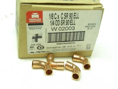 Box of 50 - Mueller Streamline Copper 90° Elbows 1/8" C x C SR 1/4" OD W 02003 - Image 1 of 2