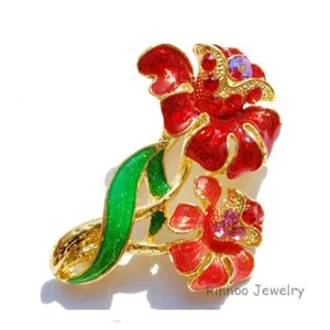 Broche de moda Flores rojas plantas cristal estrás esmaltado vendedor de EE. UU. - Imagen 1 de 2