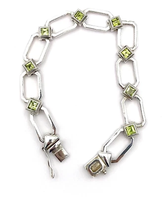 BOMA 925 Sterling Silver Genuine Peridot Geometric Link Chain 7.5" Bracelet 24g - Image 1 of 4