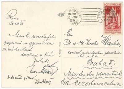 Vatican 1937 Photo Card to Czechoslovakia w/Catholic Press Conference 75c Solo - Image 1 of 2