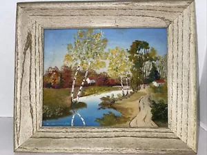 Fall Foliage River Painting Country Landscape Signed Framed 12.5x11” Dated - Picture 1 of 11
