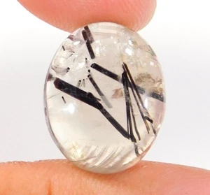 12.Ct 100% NATURAL BLACK RUTILE QUARTZ OVAL CABOCHON GEMSTONE 22x19x11MM DA=217 - Picture 1 of 4