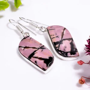 Rhodonite Gemstone Handmade Jewelry.925 Silver Plated Earrings 1.8" GSR-8855 - Picture 1 of 2