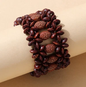 Bohemian Wooden Beaded Stretch Bracelet w Carved Floral Design - Picture 1 of 1