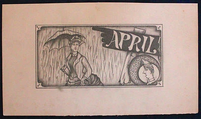 Original Victorian Era Pencil Drawing April Calendar Top Original Art - Image 1 of 2