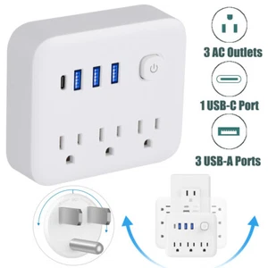 Wall Outlet Extender Surge Protector With Rotating Plug 3 AC + 3 USB-A + Type C - Picture 1 of 11