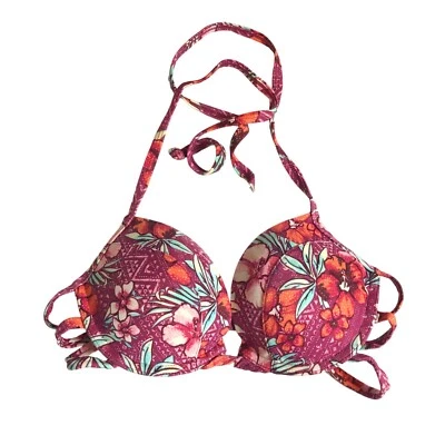 Top de bikini Hollister push up con aros acolchado geométrico floral rosa púrpura S Foto 1 de 4