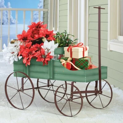 Country Green Sleigh distressed lawn wagon vintage wood christmas decor yard - Image 1 of 4