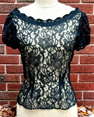Vintage Glamorous Black Lace Blouse Puffy Sleeves 1950s - Image 1 of 4