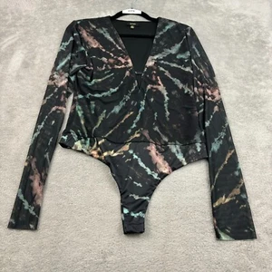 AFRM Romy Thong Bodysuit Womens L Multicolor Tie Dye V-Neck Sheer Long Sleeve - Picture 1 of 16