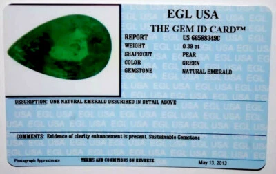 EGL USA TESTED&CERTIFIED NATURAL PEAR SHAPE EMERALD 0.39 CT - Image 1 of 4