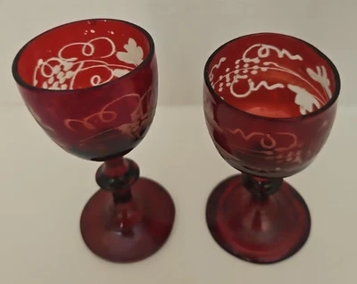 Ruby Bohemian Cordial Glass Pair Cut TO Clear Czech 3 oz Arbor Vine 3.5" Vintage - Image 1 of 4