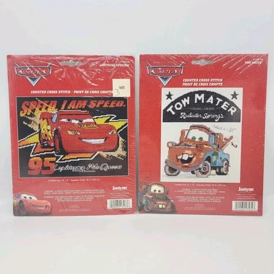 Disney Pixar Cars Lighting McQueen & Tow Mater Counted Cross Stitch Kits Janlynn - Image 1 of 4