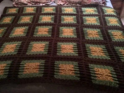 Hand Crochet Knit Afghan Throw Gold Green Brown 65x55 - Image 1 of 4