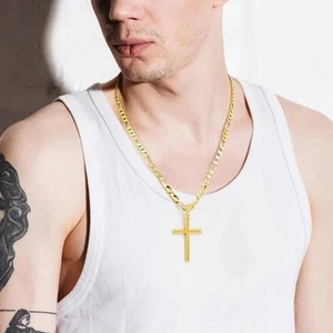 14k Gold Cross Necklace for Men Large Pendant Figaro Chain 20inch - Picture 1 of 6