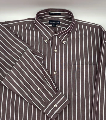 Lands’ End Men's Brown/Gray Blue Stripe Pinpoint Oxford Long Sleeve Shirt 16-34 - Image 1 of 4