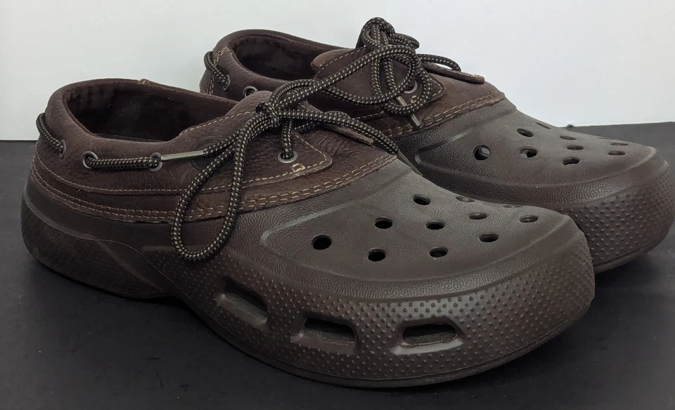 Crocs Brown Leather Islander Pitcrew Sport Boat Shoe Clog Outdoor Mens Size 12 - Image 1 of 4