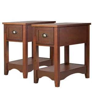 Set of 2 Contemporary Side End Table Compact Table w/ Drawer Nightstand Walnut - Picture 1 of 11