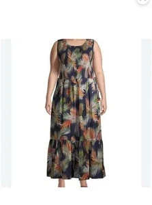 Terra & Sky navy blue tropical beach maxi Boho dress smocked tiered plus size 1X - Picture 1 of 3
