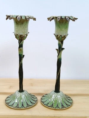 Par de Candelabros Flor Cristal Esmaltado/Estrás Metal Verde Foto 1 de 4