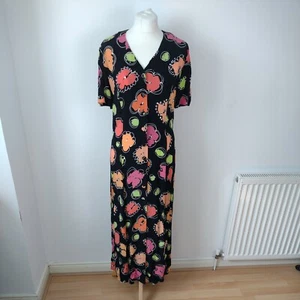 Vintage 90's UK 10 Midi Shirt Dress Button Down Black Neon Bright Floral Grunge - Picture 1 of 12