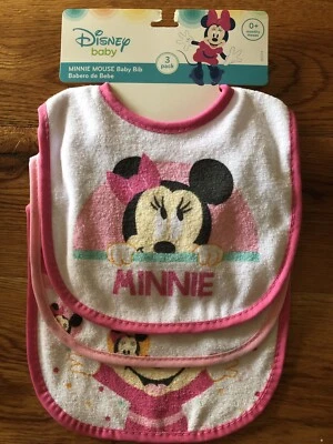 Paquete de 3 baberos de tela de rizo Disney Baby Minnie Mouse 0+ meses, ribete rosa Foto 1 de 4